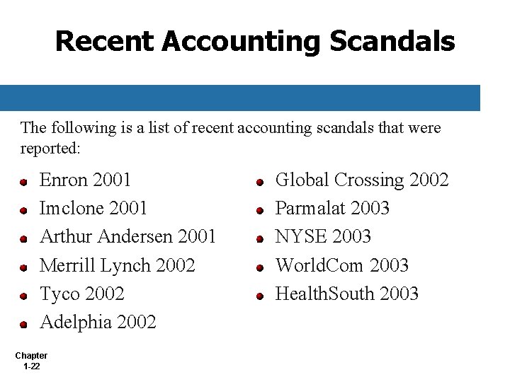 Recent Accounting Scandals The following is a list of recent accounting scandals that were