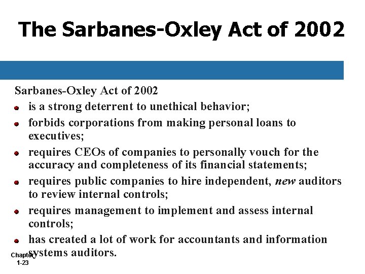 The Sarbanes-Oxley Act of 2002 is a strong deterrent to unethical behavior; forbids corporations
