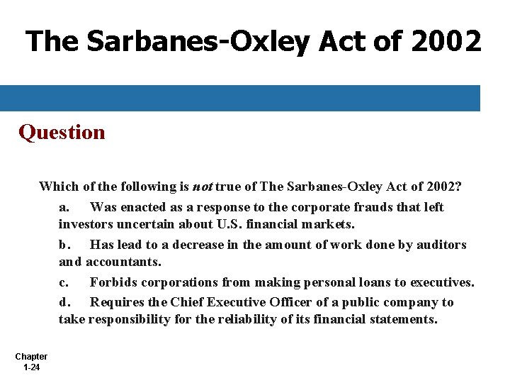 The Sarbanes-Oxley Act of 2002 Question Which of the following is not true of