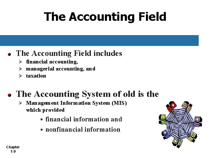 The Accounting Field includes Ø Ø Ø financial accounting, managerial accounting, and taxation The