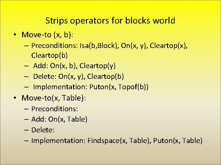 Strips operators for blocks world • Move-to (x, b): – Preconditions: Isa(b, Block), On(x,