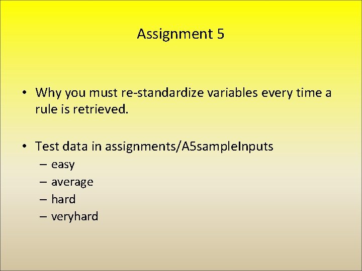 Assignment 5 • Why you must re-standardize variables every time a rule is retrieved.