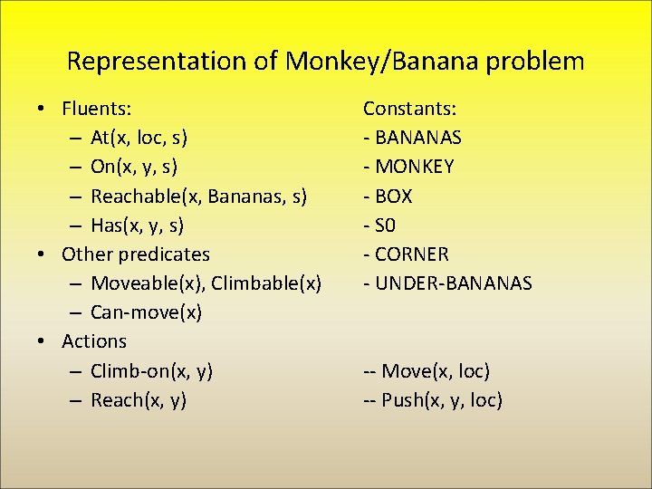 Representation of Monkey/Banana problem • Fluents: – At(x, loc, s) – On(x, y, s)