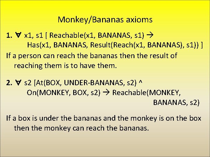 Monkey/Bananas axioms 1. ∀ x 1, s 1 [ Reachable(x 1, BANANAS, s 1)