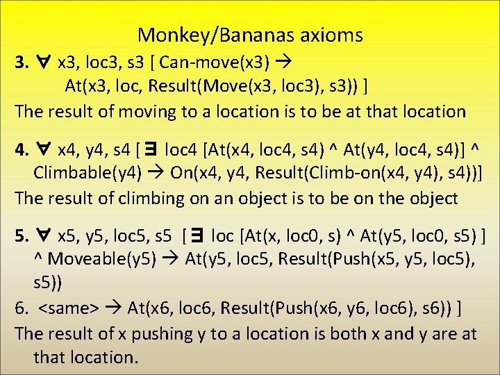 Monkey/Bananas axioms 3. ∀ x 3, loc 3, s 3 [ Can-move(x 3) At(x