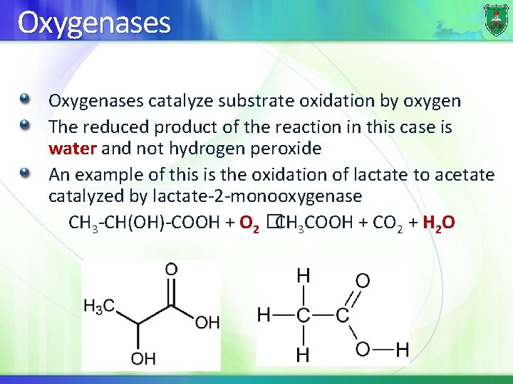 Oxygenases catalyze substrate oxidation by oxygen The reduced product of the reaction in this