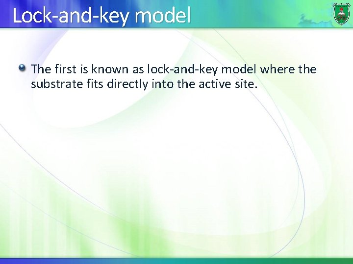 Lock-and-key model The first is known as lock-and-key model where the substrate fits directly