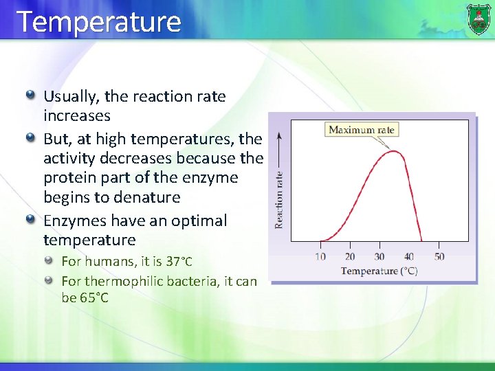 Temperature Usually, the reaction rate increases But, at high temperatures, the activity decreases because