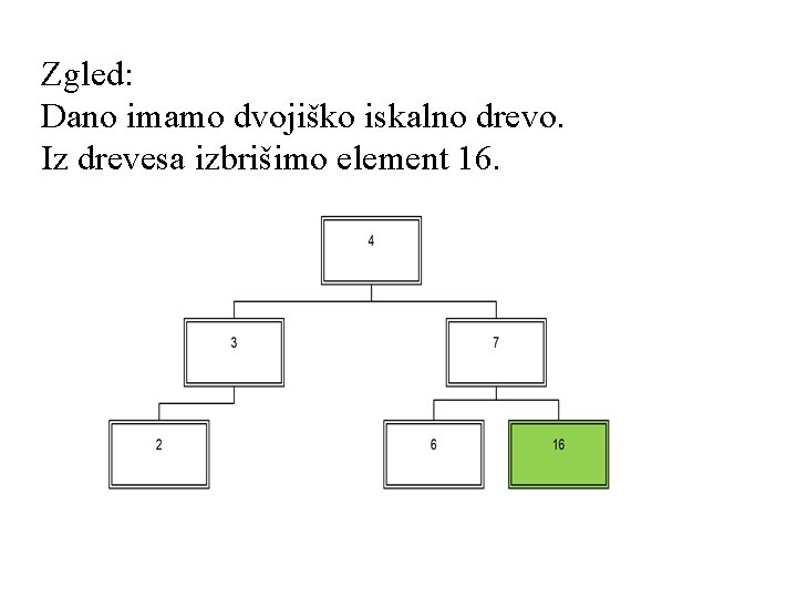 Zgled: Dano imamo dvojiško iskalno drevo. Iz drevesa izbrišimo element 16. 