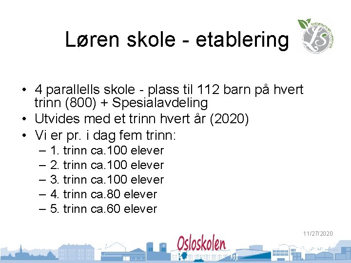 Løren skole - etablering • 4 parallells skole - plass til 112 barn på