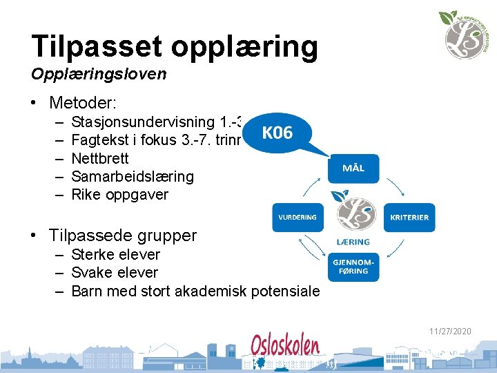 Tilpasset opplæring Opplæringsloven • Metoder: – – – Stasjonsundervisning 1. -3. trinn Fagtekst i