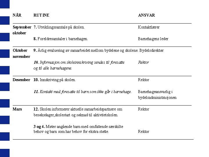 NÅR RUTINE ANSVAR ____________________________________________ September 7. Utviklingssamtale på skolen. Kontaktlærer oktober 8. Foreldresamtaler i