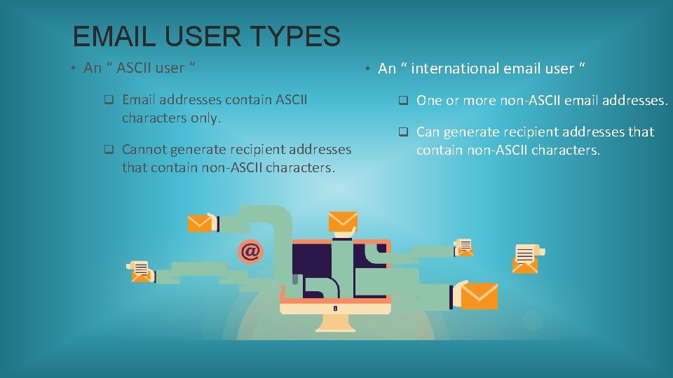 EMAIL USER TYPES • An “ ASCII user “ q q Email addresses contain