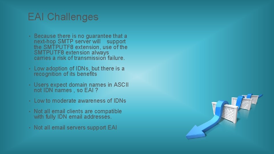 EAI Challenges • Because there is no guarantee that a next-hop SMTP server will