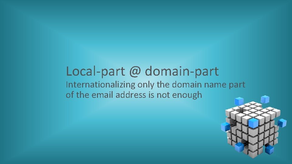 Local-part @ domain-part Internationalizing only the domain name part of the email address is