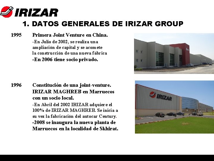 1. DATOS GENERALES DE IRIZAR GROUP 1995 Primera Joint Venture en China. -En Julio