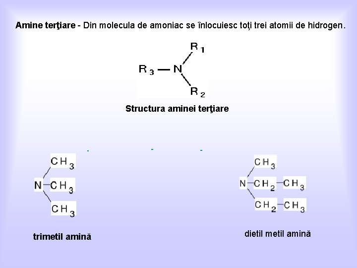 Amine terţiare - Din molecula de amoniac se înlocuiesc toţi trei atomii de hidrogen.