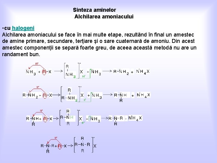 Sinteza aminelor Alchilarea amoniacului • cu halogeni Alchilarea amoniacului se face în mai multe