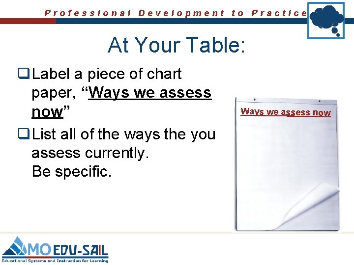 Professional Development to Practice At Your Table: q Label a piece of chart paper,