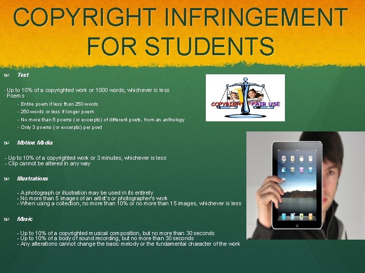 COPYRIGHT INFRINGEMENT FOR STUDENTS Text · Up to 10% of a copyrighted work or