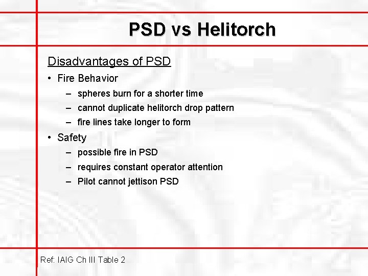 PSD vs Helitorch Disadvantages of PSD • Fire Behavior – spheres burn for a