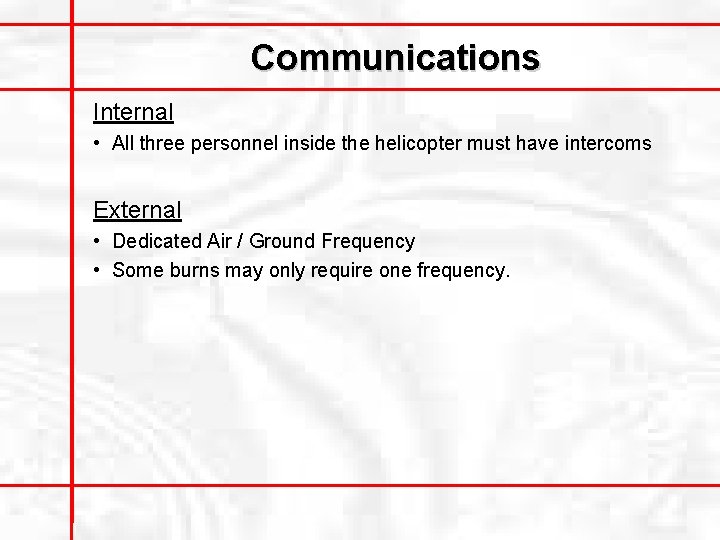 Communications Internal • All three personnel inside the helicopter must have intercoms External •