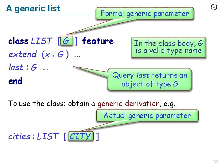 A generic list Formal generic parameter class LIST [ G ] feature extend (x