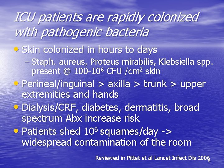 ICU patients are rapidly colonized with pathogenic bacteria • Skin colonized in hours to