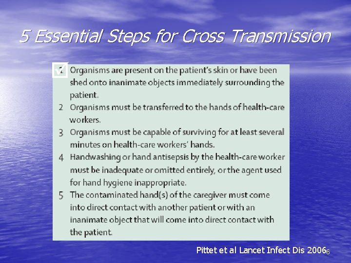 5 Essential Steps for Cross Transmission Pittet et al Lancet Infect Dis 20066 