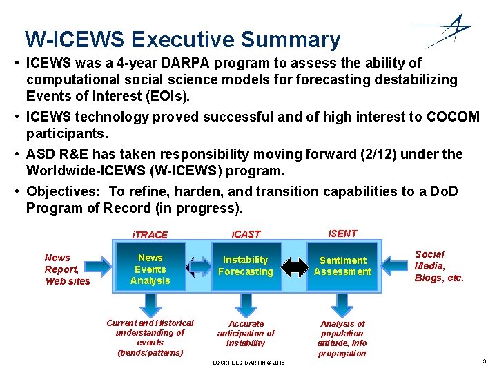 W-ICEWS Executive Summary • ICEWS was a 4 -year DARPA program to assess the