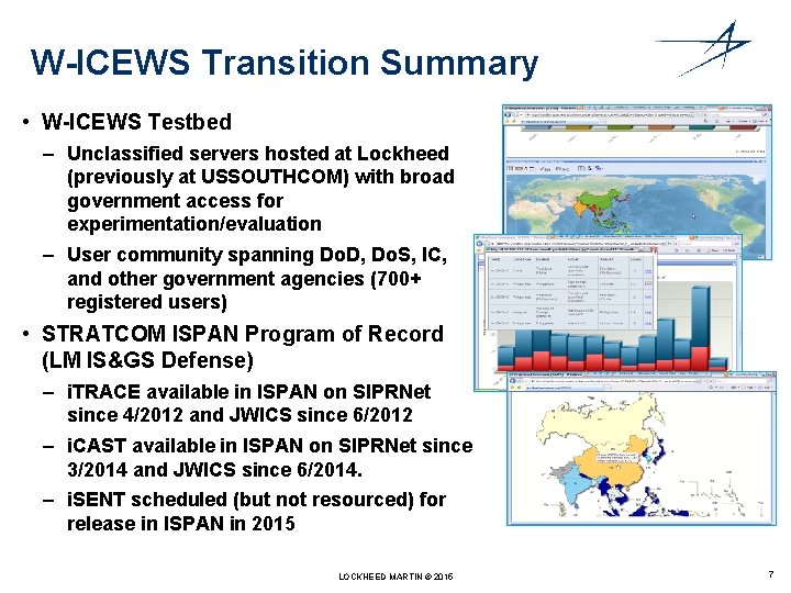 W-ICEWS Transition Summary • W-ICEWS Testbed – Unclassified servers hosted at Lockheed (previously at