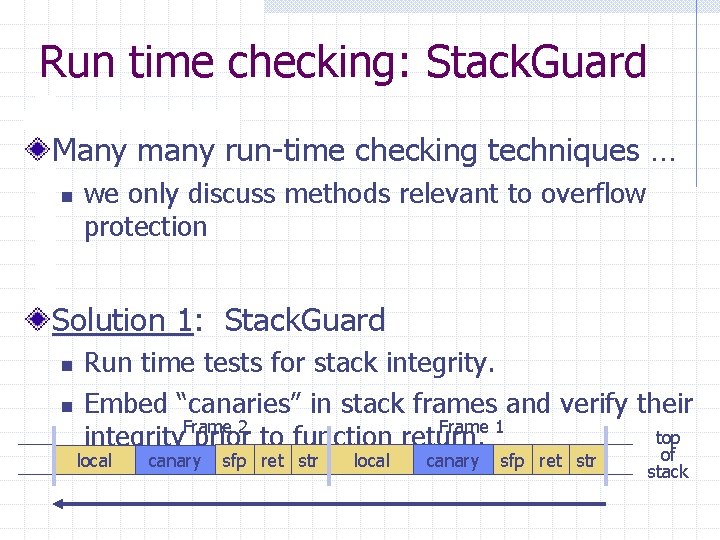 Run time checking: Stack. Guard Many many run-time checking techniques … n we only