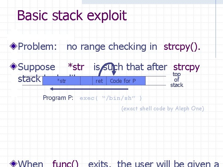 Basic stack exploit Problem: no range checking in strcpy(). Suppose *str is such that