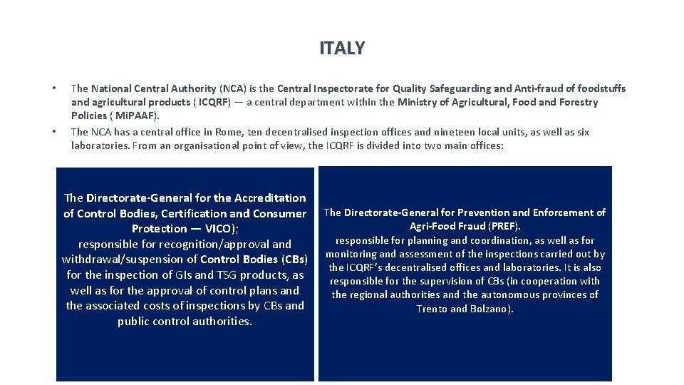ITALY • • The National Central Authority (NCA) is the Central Inspectorate for Quality