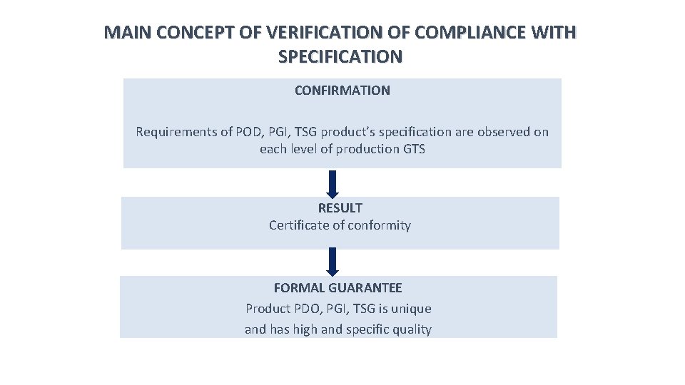 MAIN CONCEPT OF VERIFICATION OF COMPLIANCE WITH SPECIFICATION CONFIRMATION Requirements of POD, PGI, TSG