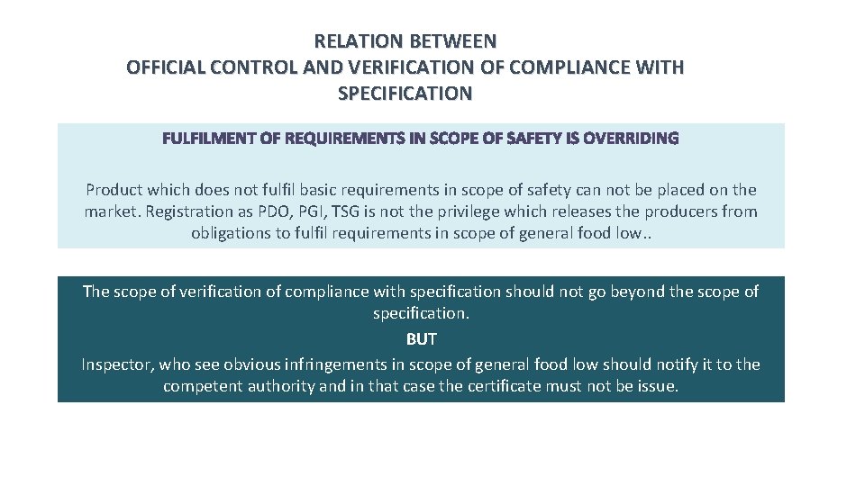 RELATION BETWEEN OFFICIAL CONTROL AND VERIFICATION OF COMPLIANCE WITH SPECIFICATION FULFILMENT OF REQUIREMENTS IN