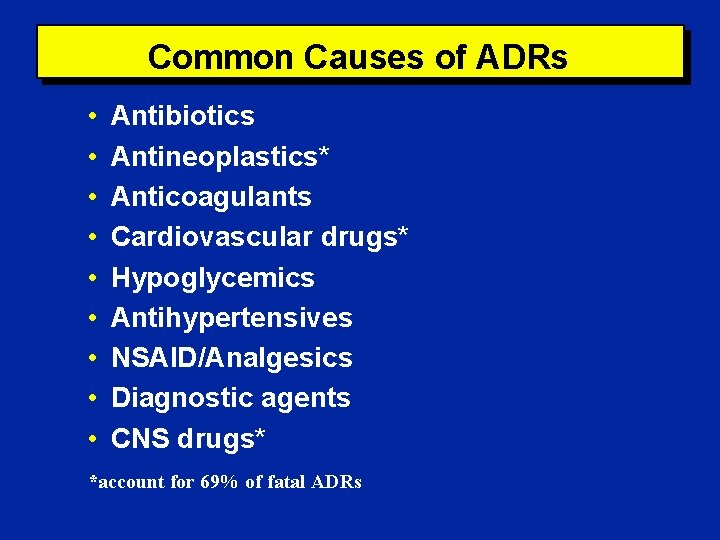 Common Causes of ADRs • • • Antibiotics Antineoplastics* Anticoagulants Cardiovascular drugs* Hypoglycemics Antihypertensives
