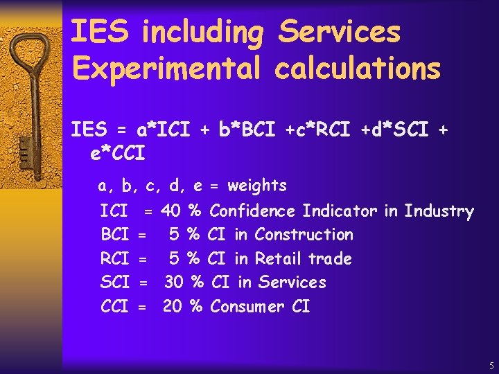 IES including Services Experimental calculations IES = a*ICI + b*BCI +c*RCI +d*SCI + e*CCI