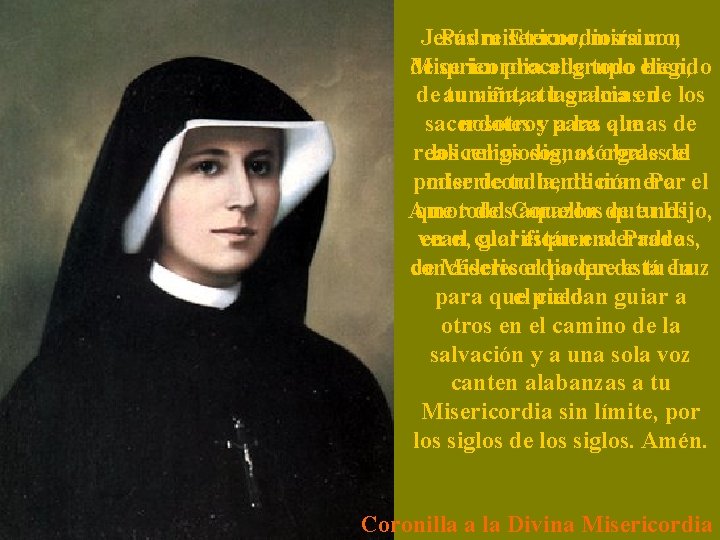 Jesús misericordiosísimo, Padre Eterno, mira con Misericordia al grupo elegido de quien procede todo