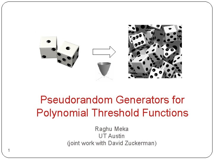 Pseudorandom Generators for Polynomial Threshold Functions Raghu Meka UT Austin (joint work with David