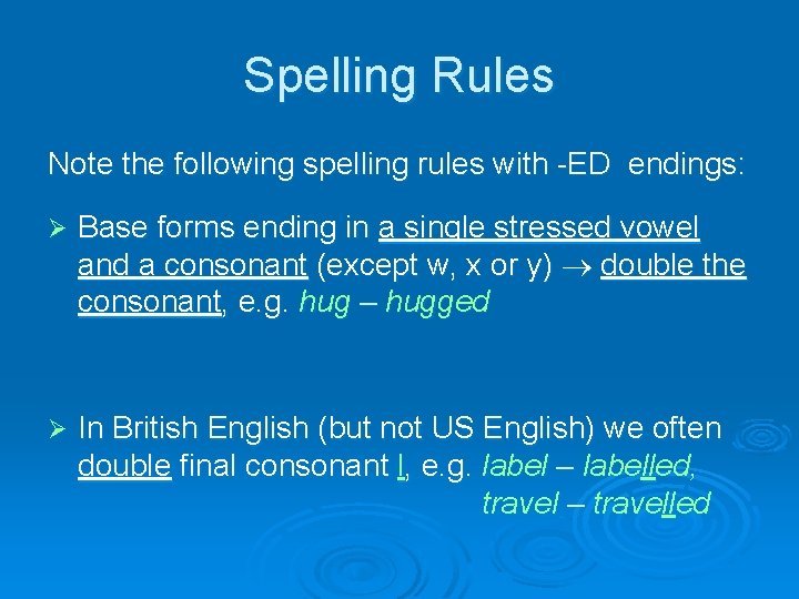 Spelling Rules Note the following spelling rules with -ED endings: Ø Base forms ending