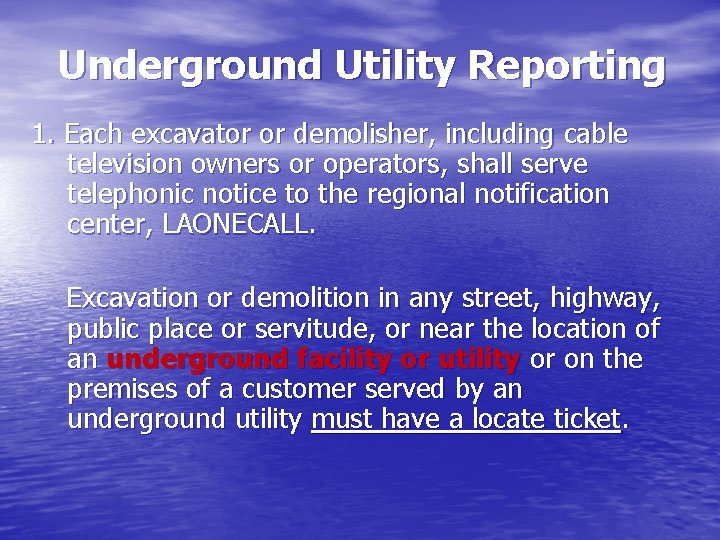 Underground Utility Reporting 1. Each excavator or demolisher, including cable television owners or operators,