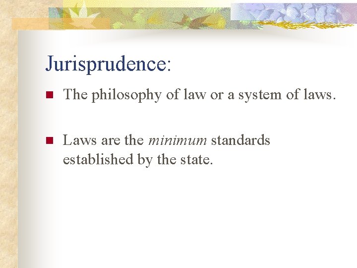 Jurisprudence: n The philosophy of law or a system of laws. n Laws are