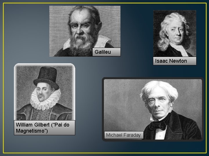 Galileu Isaac Newton William Gilbert (“Pai do Magnetismo”) Michael Faraday 