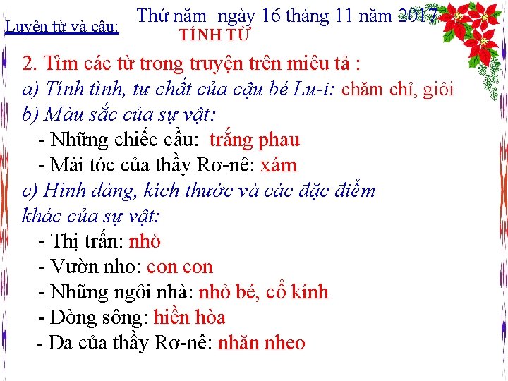 Luyện từ và câu: Thứ năm ngày 16 tháng 11 năm 2017 TÍNH TỪ