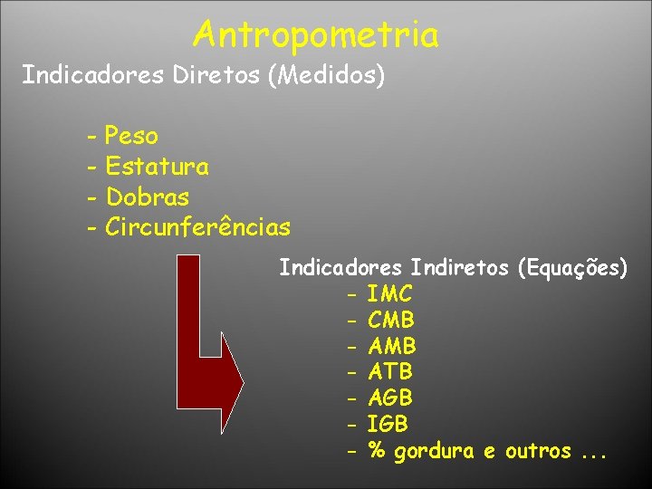 Antropometria Indicadores Diretos (Medidos) - Peso - Estatura - Dobras - Circunferências Indicadores Indiretos