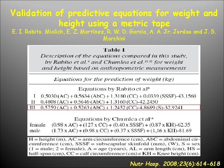 Validation of predictive equations for weight and height using a metric tape E. I.