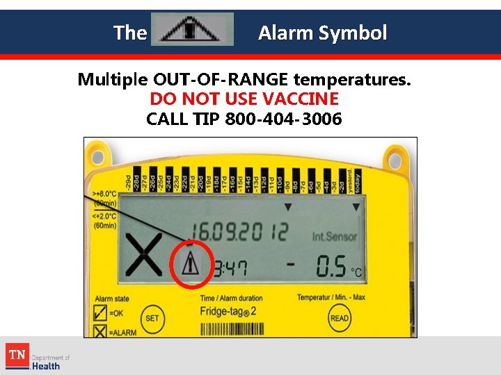 The Alarm Symbol Multiple OUT-OF-RANGE temperatures. DO NOT USE VACCINE CALL TIP 800 -404