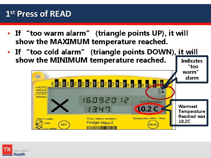 1 st Press of READ • If “too warm alarm” (triangle points UP), it