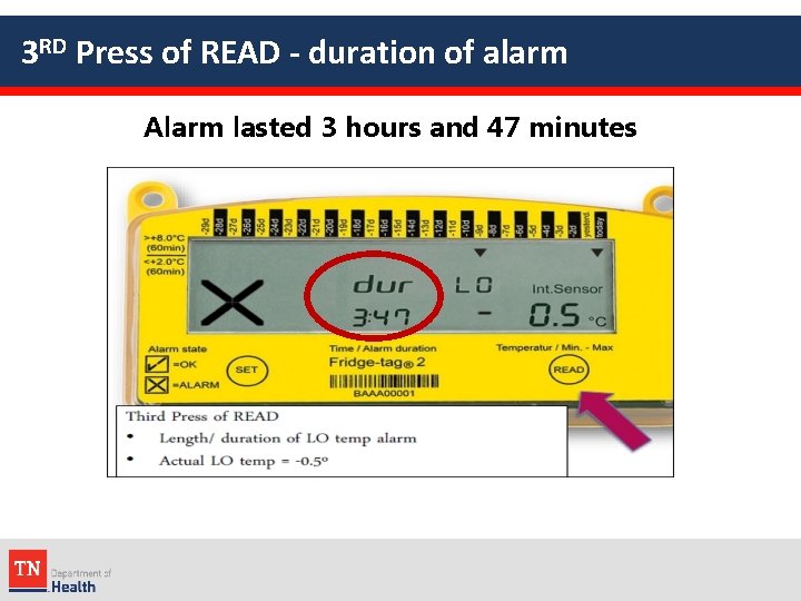 3 RD Press of READ - duration of alarm Alarm lasted 3 hours and